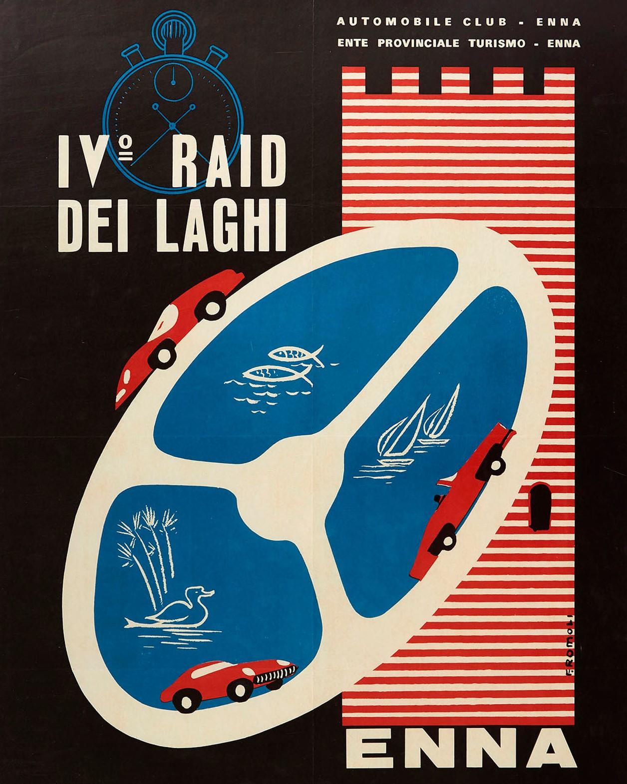 Original Vintage Poster Raid Dei Laghi Lake Sports Cars Race Graphic Design Enna - Black Print by F. Romoli