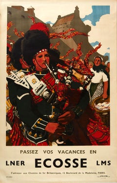 Original Used Poster Ecosse Scotland LNER LMS Railway Black Watch Bagpipers