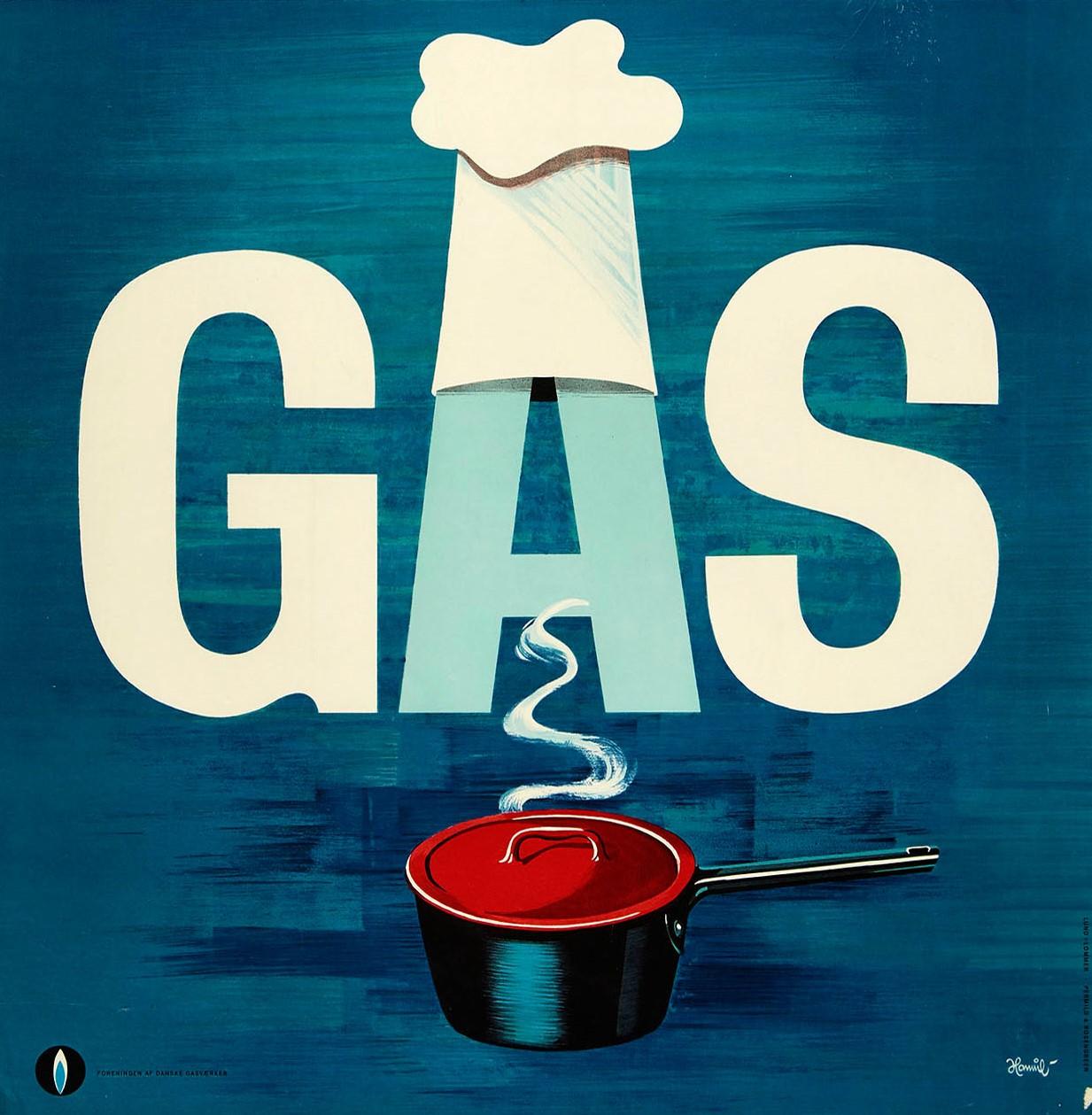 Affiche rétro originale moderne, Med Gas - Pot de cuisine, moderne, Design danois, Style Milieu du siècle - Blanc Print par Hamil