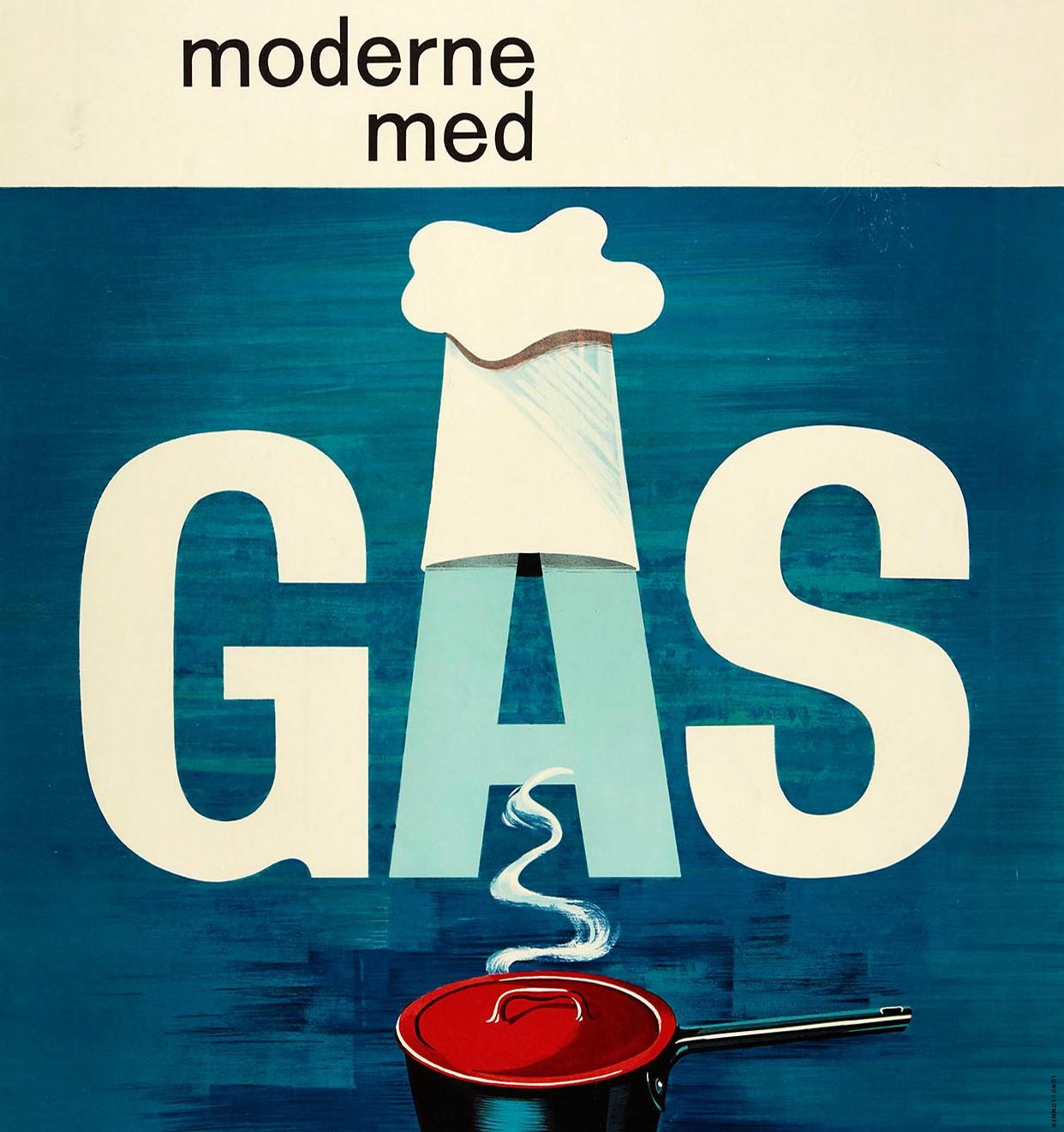 Affiche publicitaire originale moderne du milieu du siècle dernier faisant la promotion de Moderne Med Gas / Modern With Gas avec un superbe design montrant la vapeur d'une casserole s'élevant du côté du couvercle rouge jusqu'aux lettres en gras
