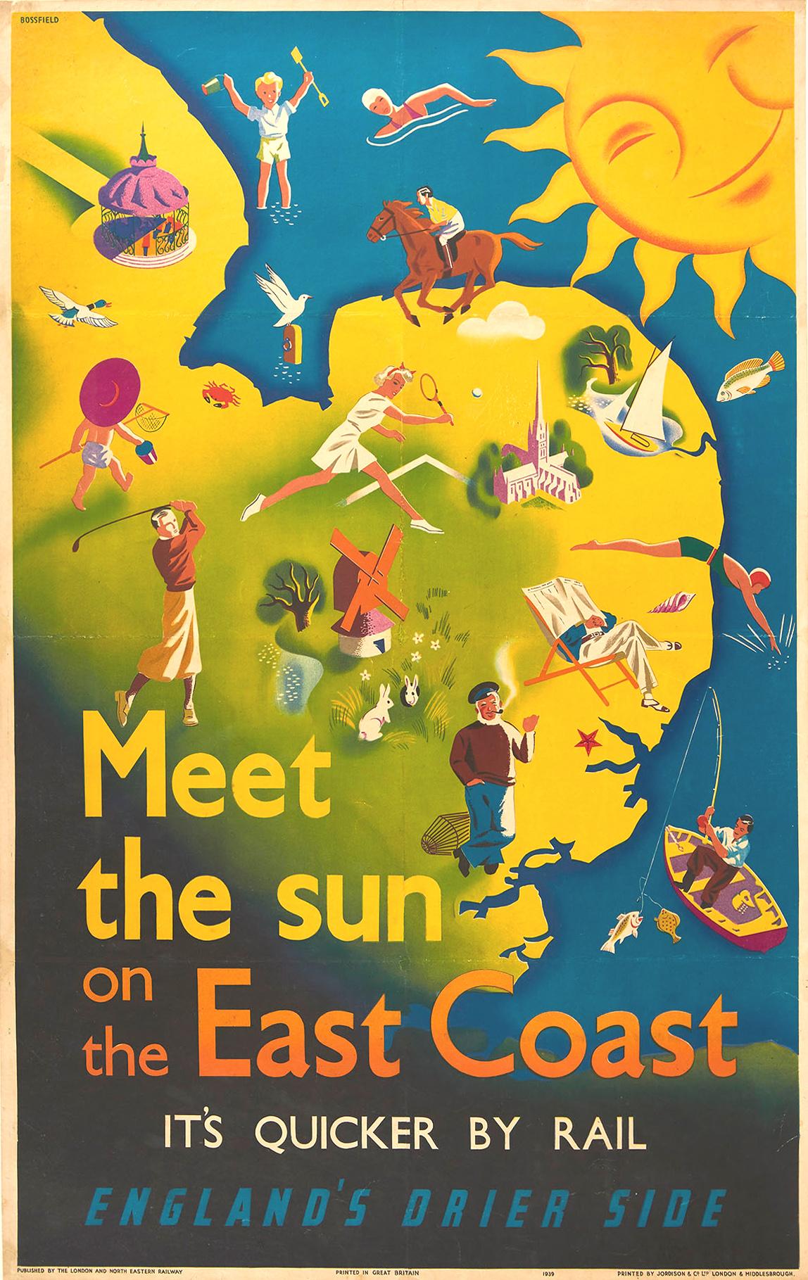 Bossfield Print - Original Vintage Poster East Coast England LNER Railway Travel Map Sun Sport Art