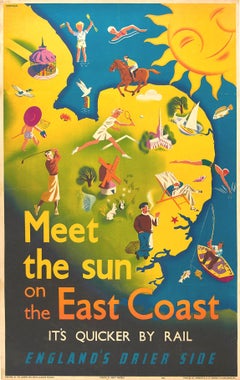 Original Vintage-Poster, Ostküste England, LNER-Eisenbahn, Reisekarte, Sonnensport, Kunst