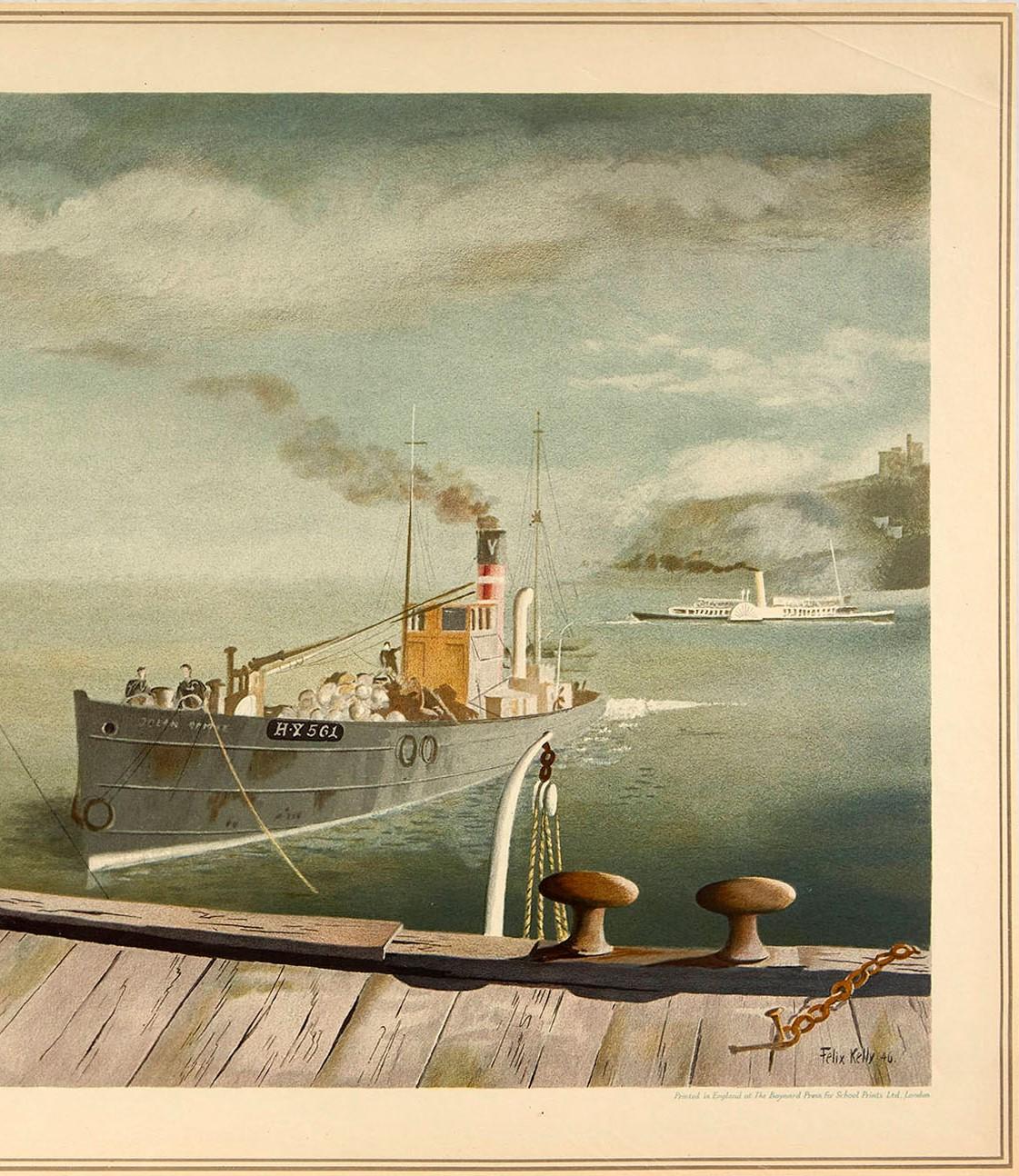 Original vintage poster entitled Drifter And Paddle Steamers featuring a great painting by Felix Kelly (1914-1994) depicting three different types of steam boat with smoke rising from their funnels, a wooden pier mooring in the foreground and