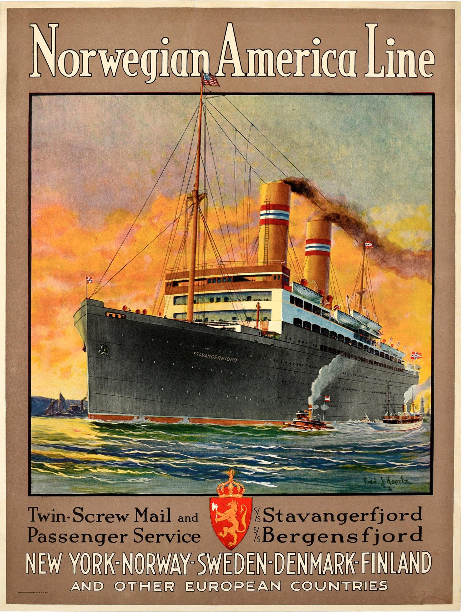 Frederick Hoertz Print - Original Vintage Poster Norwegian America Line New York Norway Ocean Cruise Ship