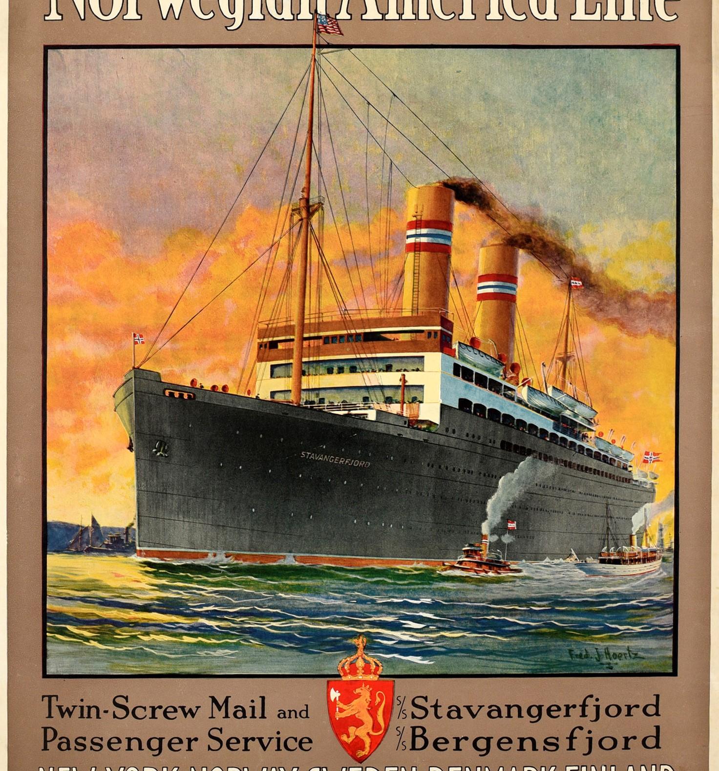 Original Vintage Poster Norwegian America Line New York Norway Ocean Cruise Ship - Print by Frederick Hoertz
