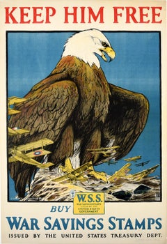 Original Antique Poster Keep Him Free Buy War Savings Stamps WWI American Eagle