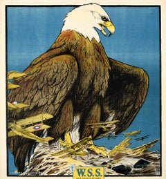 Original Antique Poster Keep Him Free Buy War Savings Stamps WWI American Eagle