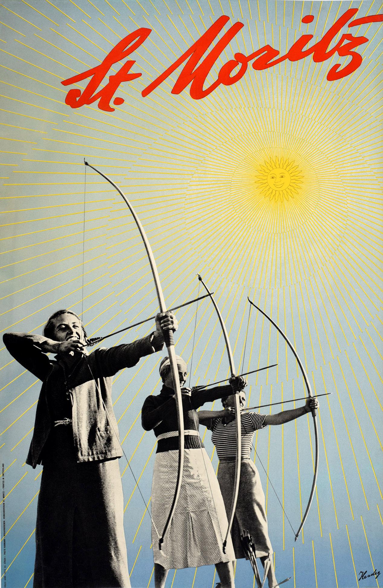 Walter Herdeg Print - Original Vintage Poster St Moritz Swiss Alps Winter Sport Archery Travel Design