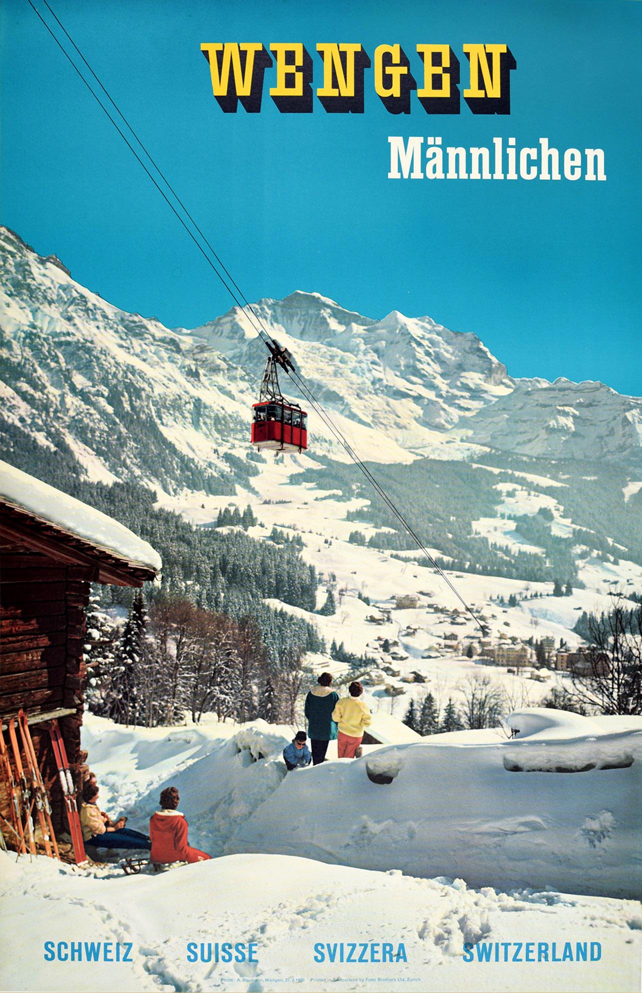 A Baumann Print - Original Vintage Poster Wengen Mannlichen Mountains Swiss Alps Ski Winter Sport