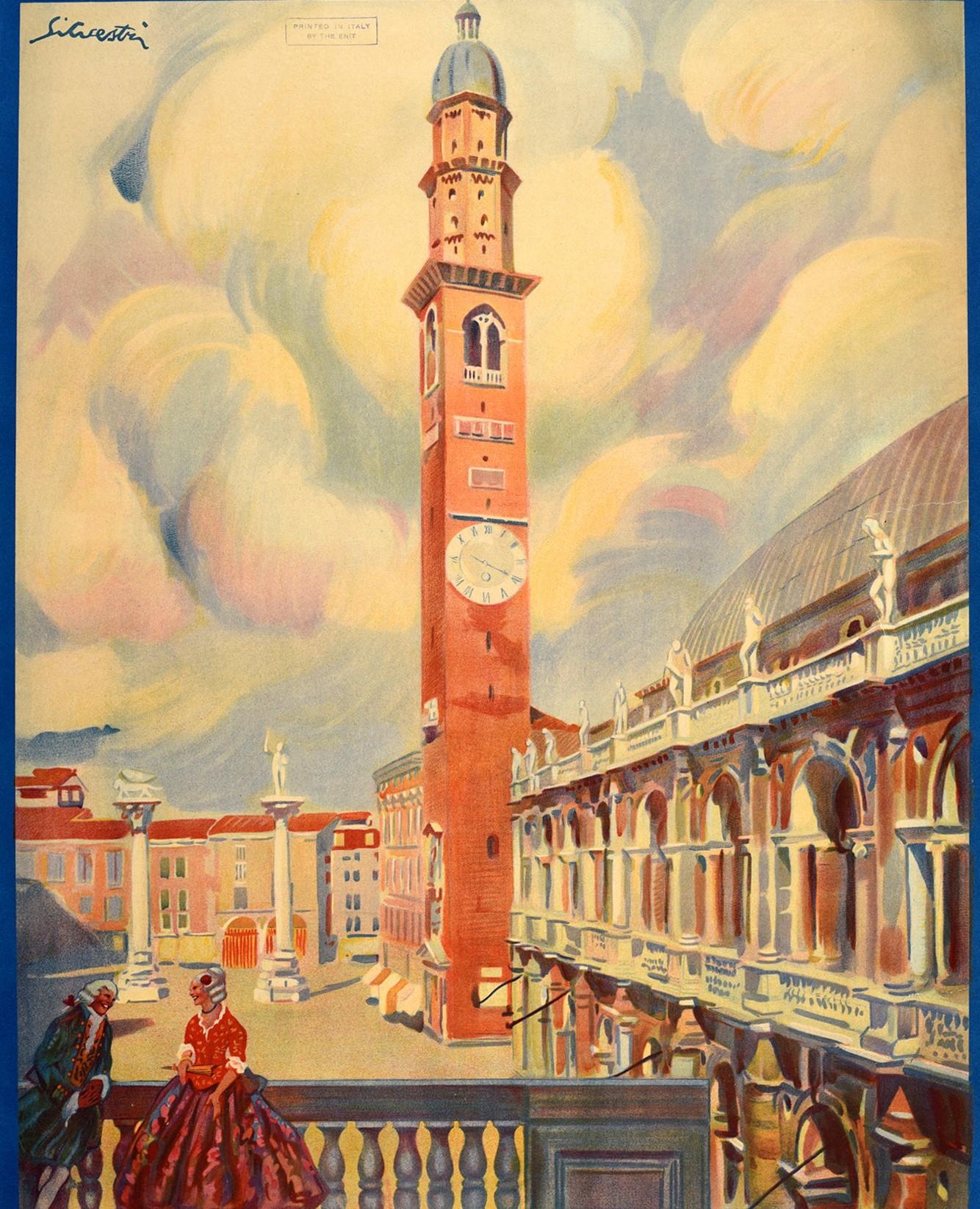 Original-Reise-Werbeplakat, das vom italienischen Fremdenverkehrsamt ENIT herausgegeben wurde, um für die historische Stadt Vicenza in der Region Venetien im Nordosten Italiens zu werben. Es zeigt eine malerische Ansicht des Malers Tullio Silvestri