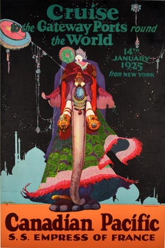 Poster originale d'epoca Canadian Pacific World Cruise Empress Of France Elephant