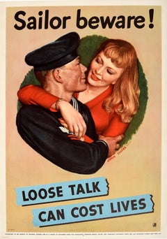 Original Vintage Poster Sailor Beware Loose Talk Can Cost Lives WWII Victory V