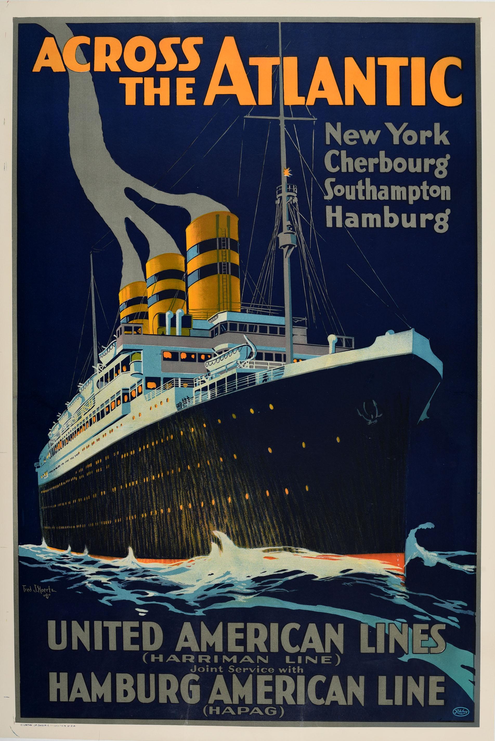 Print Fred J. Hoertz - Original Vintage Poster Across The Atlantic Ocean Liner Cruise Travel Ship HAPAG