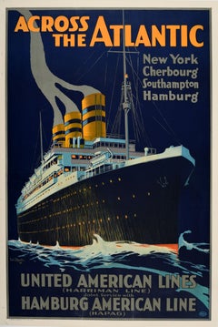 Original Vintage Poster Across the Atlantic Ocean Liner Cruise Travel Ship HAPAG