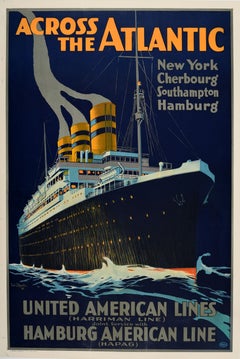 Original Vintage Poster Across The Atlantic Ocean Liner Cruise Travel Ship HAPAG