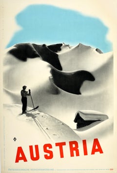 Original Vintage Poster Austria Travel Winter Sport Skiing Mountain Chalet View