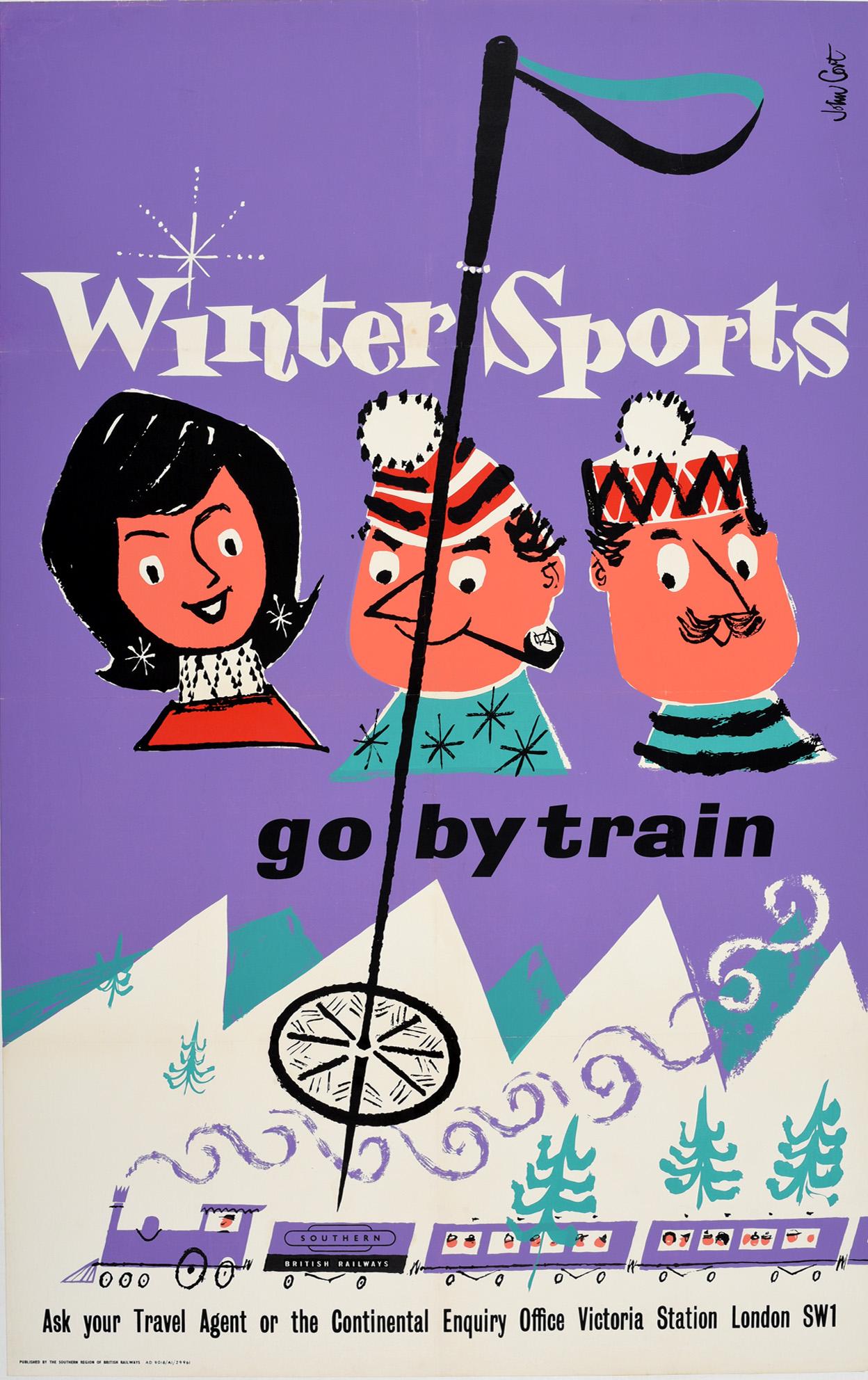 Original Vintage Poster Winter Sports Go By Train British Railways Skiing Europe