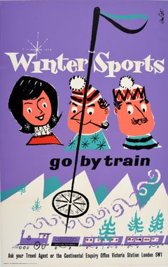 Original Retro Poster Winter Sports Go By Train British Railways Skiing Europe