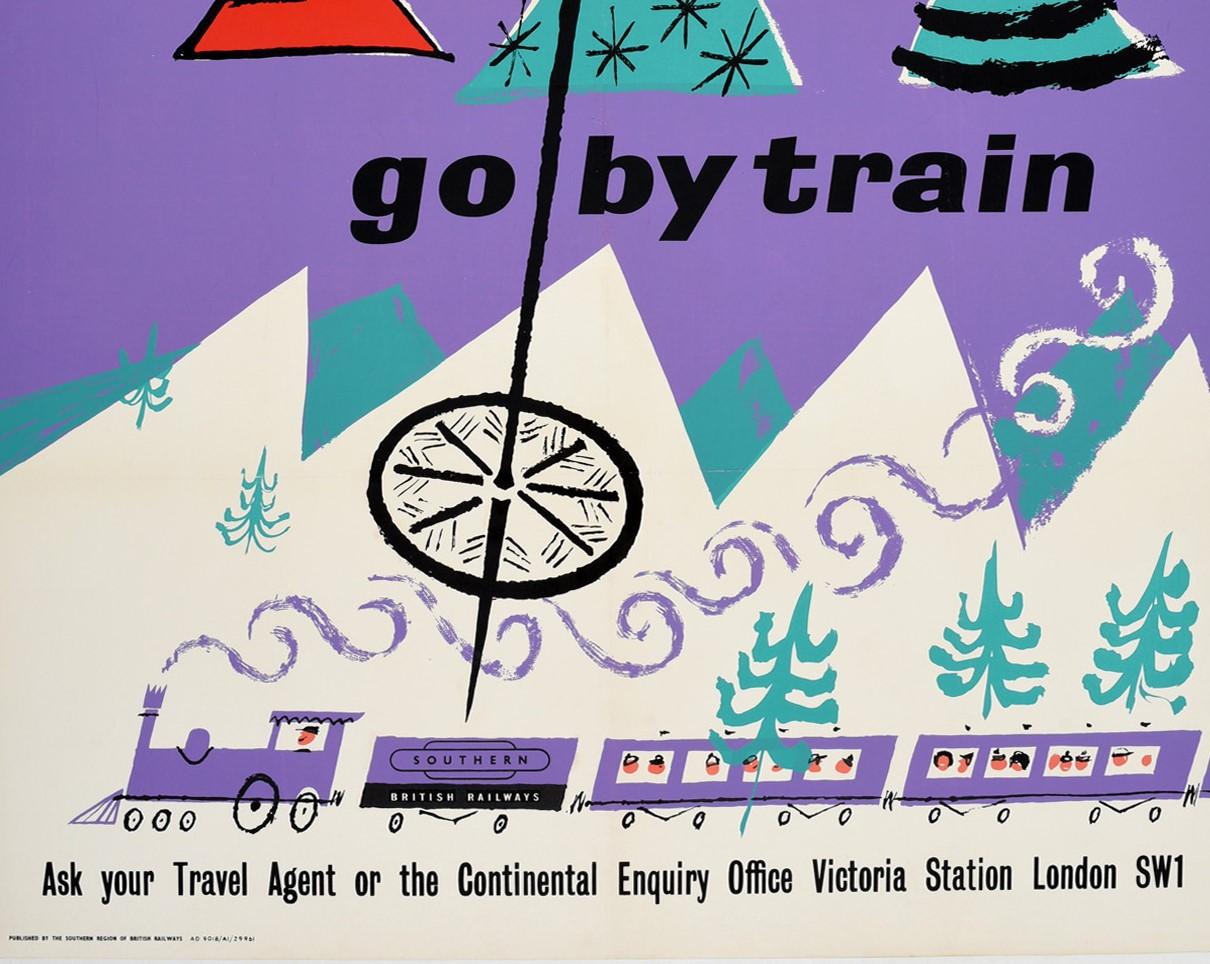 Póster original de época Deportes de invierno Ir en tren British Railways Esquí Europa - Print Púrpura de John Cort