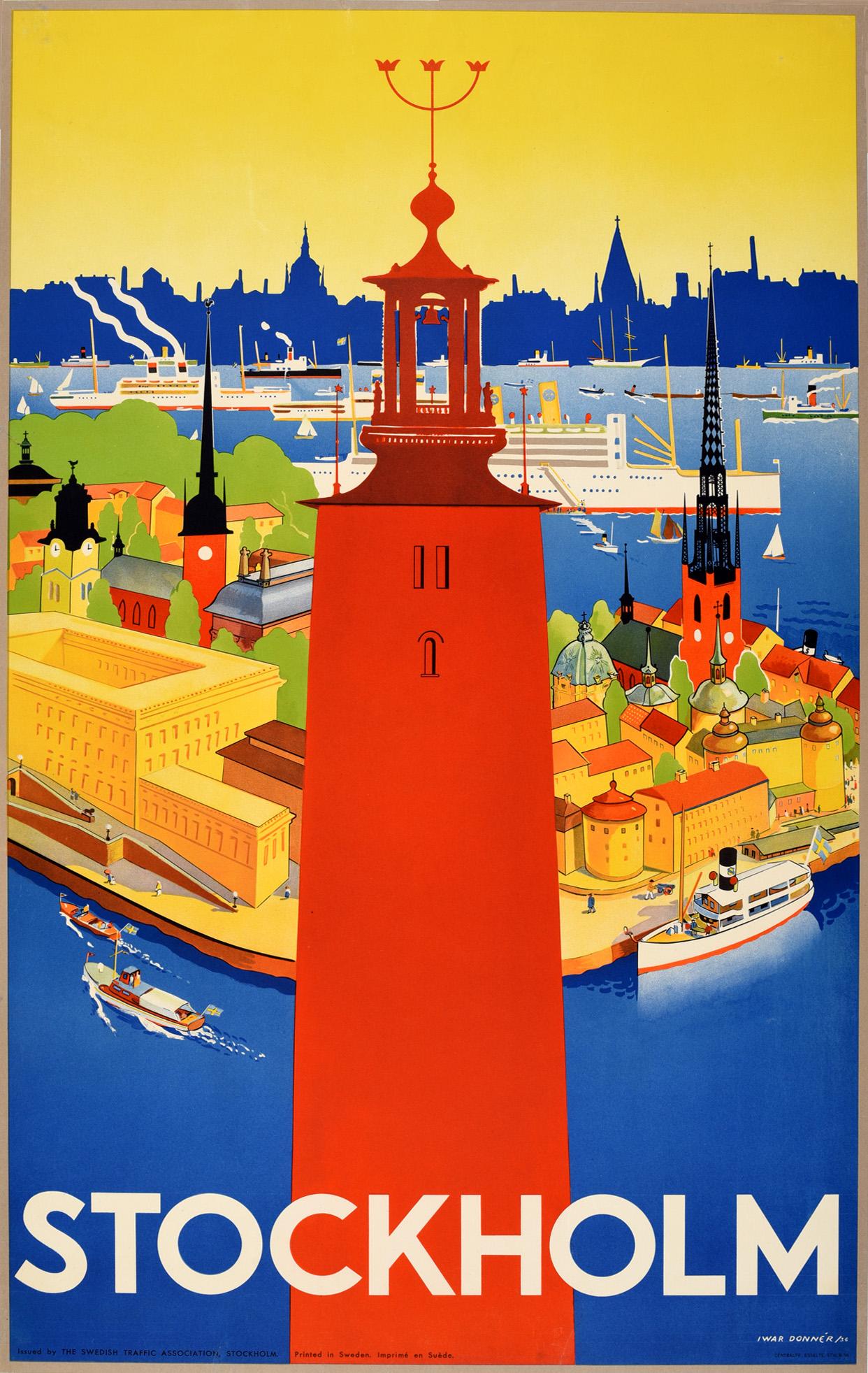 Iwar Donner Print - Original Vintage Poster Sweden Stockholm City Hall Ships Travel Art Deco Design