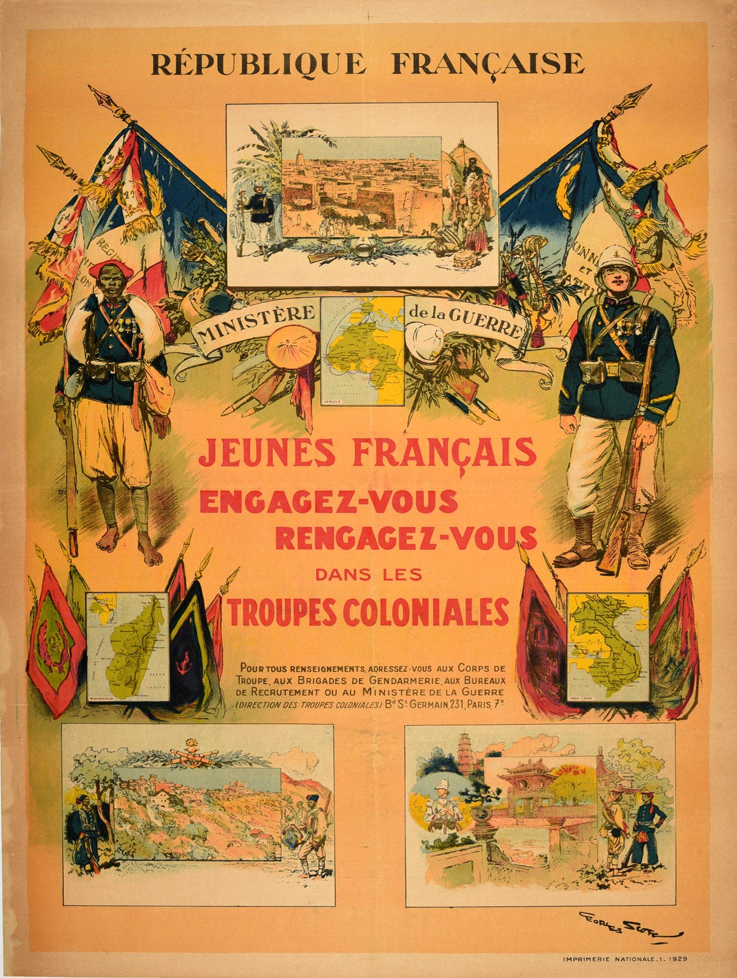 Georges Scott Print – Original Vintage-Poster, Kolonialtruppen, Militärische Rekrutierung, Frankreich, Kriegsministerium