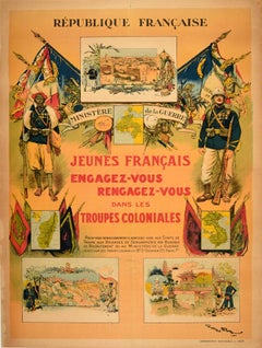 Affiche rétro originale des troupes coloniales, recrutement militaire en France, ministère de la Guerre