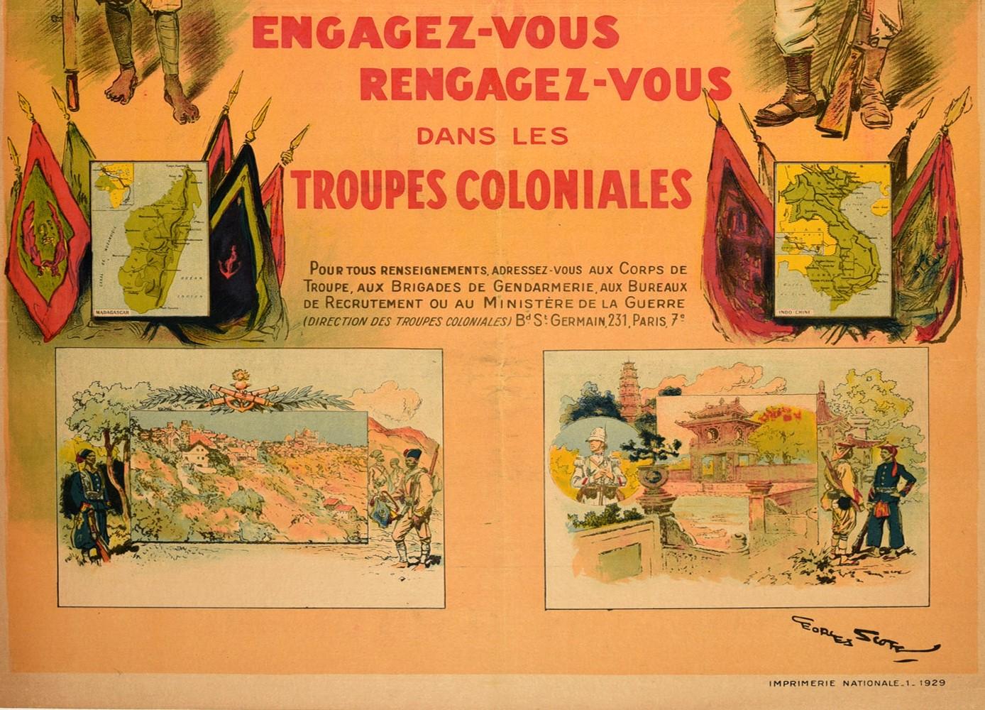 Original Vintage-Poster, Kolonialtruppen, Militärische Rekrutierung, Frankreich, Kriegsministerium (Orange), Print, von Georges Scott