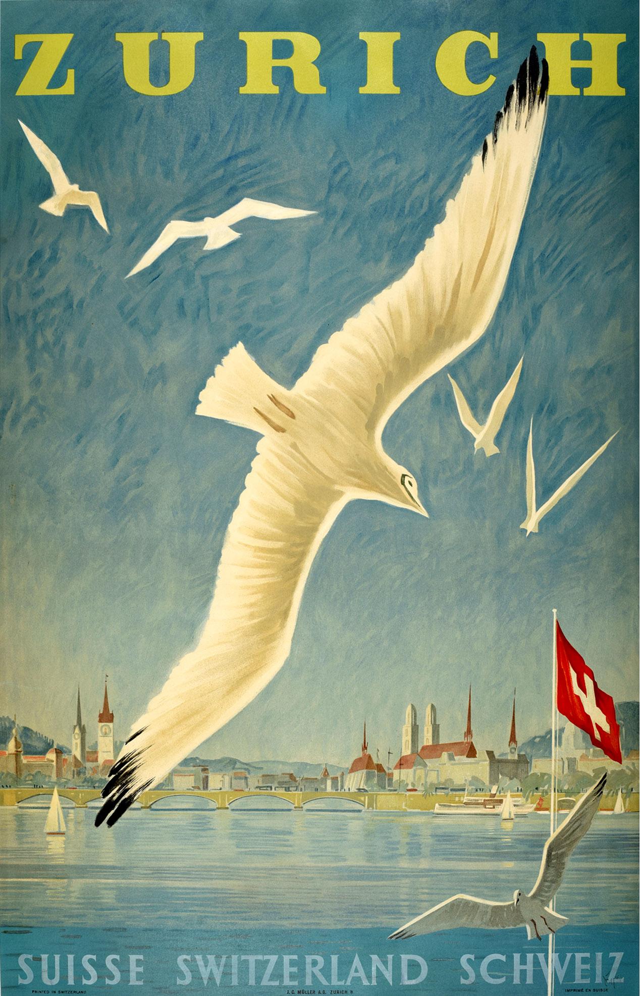 Alex Diggelmann Print - Original Vintage Poster Lake Zurich Switzerland Sailing Swiss Alps Travel Art