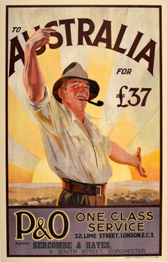 Original Vintage Poster To Australia P&O Cruise Travel Art Countryside Welcome