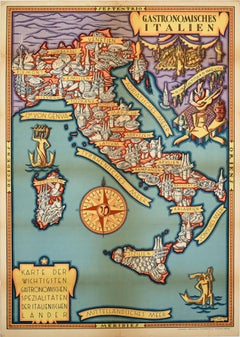 Original Vintage Poster Gastronomisches Italien Illustrated Map Food Wine Italy