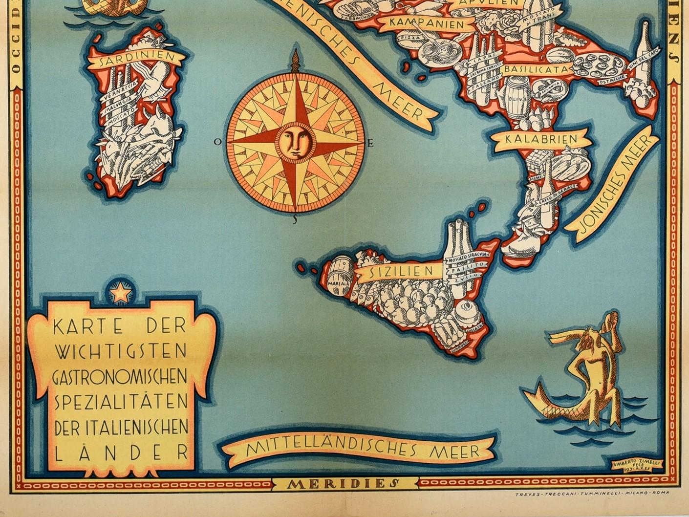 Póster Original Vintage Gastronomisches Italien Mapa Ilustrado Comida Vino Italia - Print Marrón de Umberto Zimelli