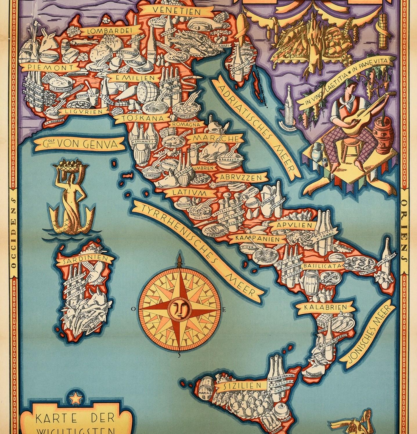 Cartel original de época titulado Gastronomisches Italien / Gastronomía Italiana, con un colorido mapa ilustrado de Umberto Zimelli (1898-1972) en el que se detallan los alimentos característicos de cada región de Italia, con letras estilizadas en