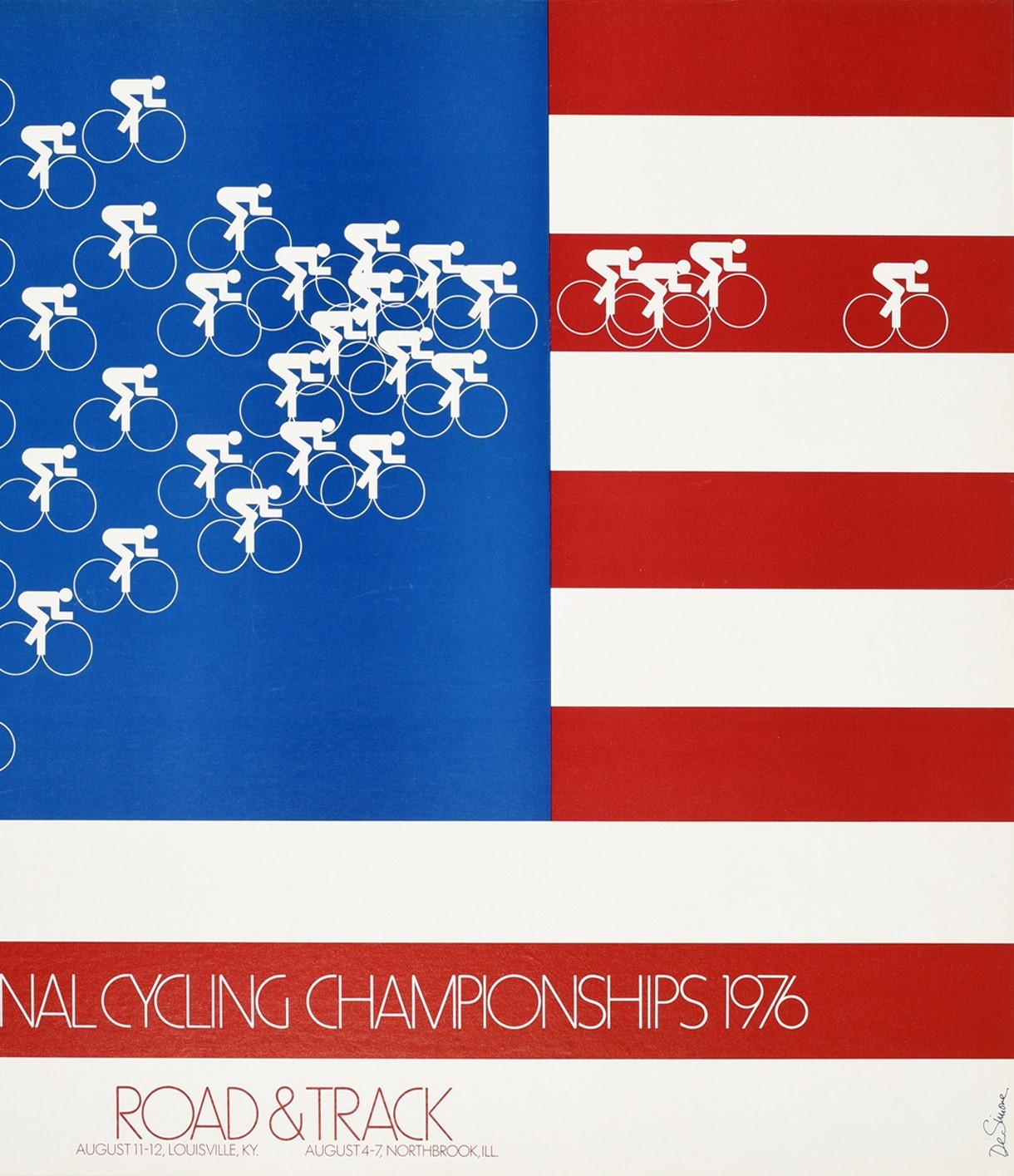 Original Vintage Poster 1976 National Cycling Championships Sport US Flag Design - Gray Print by De Simone