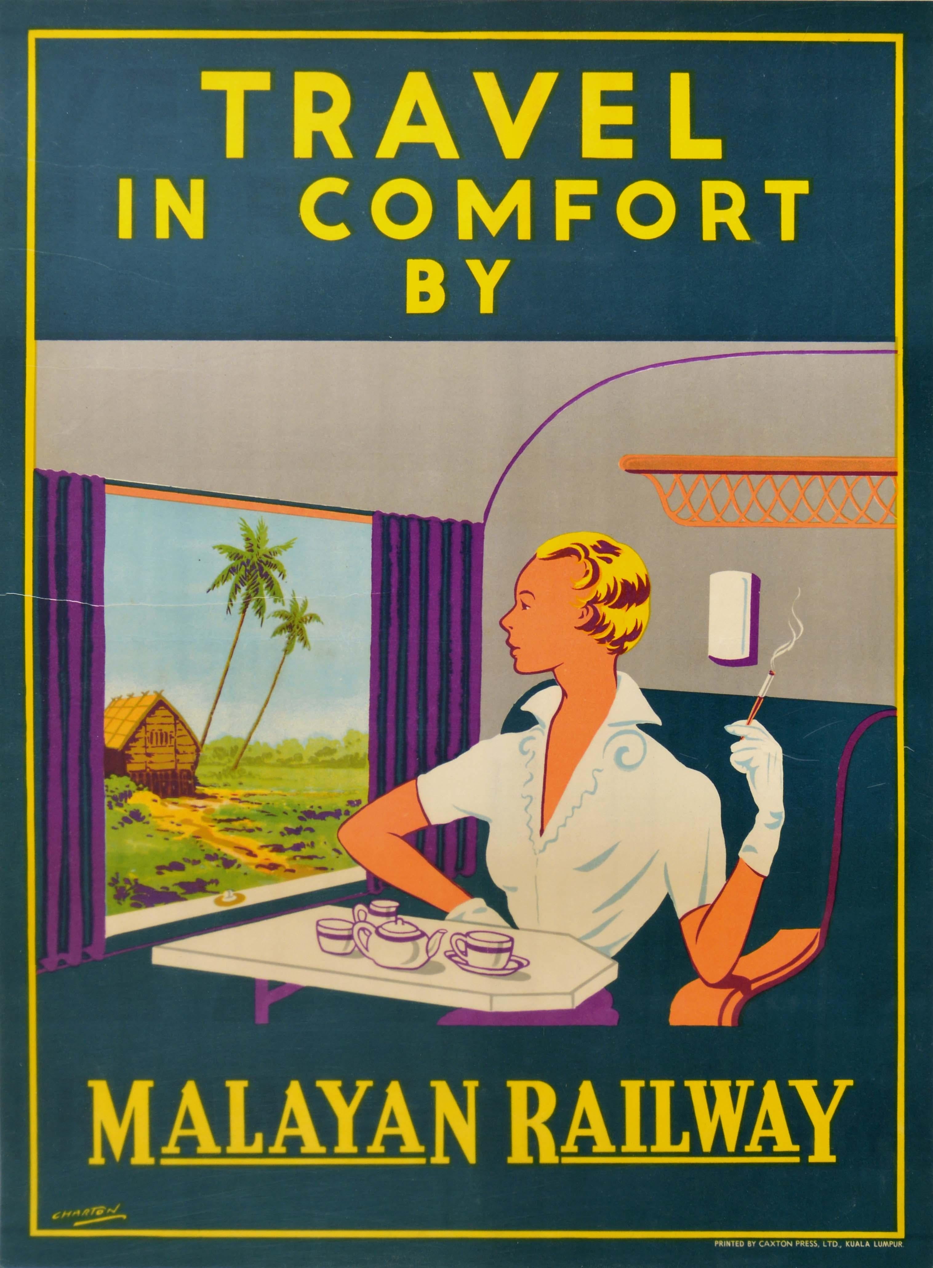 J.R. Charton Print - Original Vintage Art Deco Poster Travel In Comfort By Malayan Railway Train Asia
