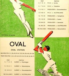 Original Vintage Poster Lord's Cricket Oval London Transport Bus Tram Sport Game