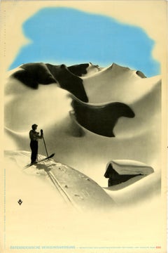 Original Vintage Poster Austria Winter Sport Skiing Mountain Skier Chalet Alps