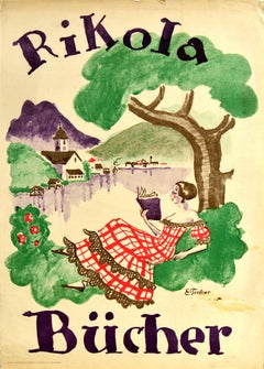 Original Vintage Poster Rikola Bucher Book Advertising Countryside Lake Painting