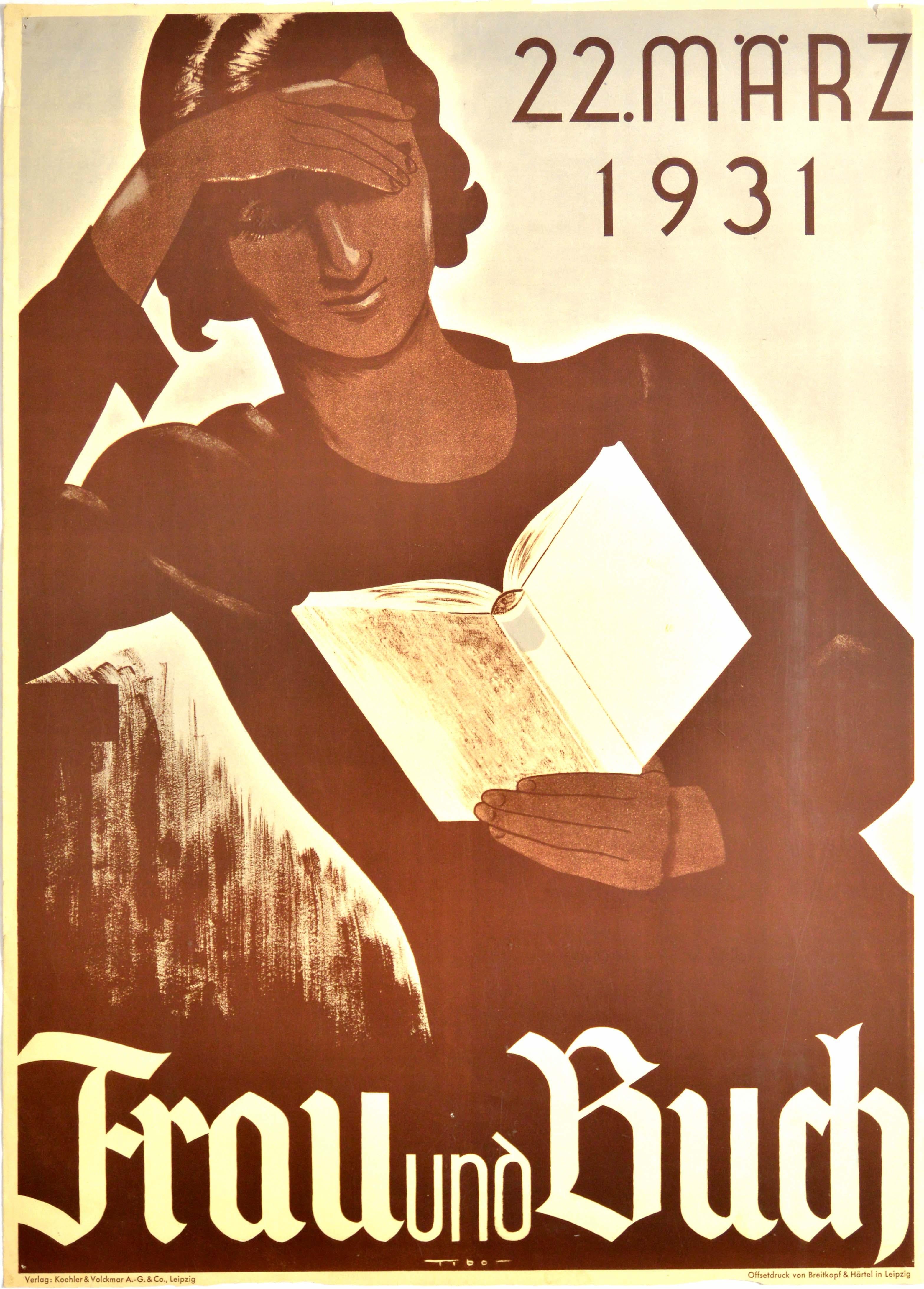 Affiche vintage d'origine Frau Und Buch Lady Reading A Book Art deco, 22 mars 1931