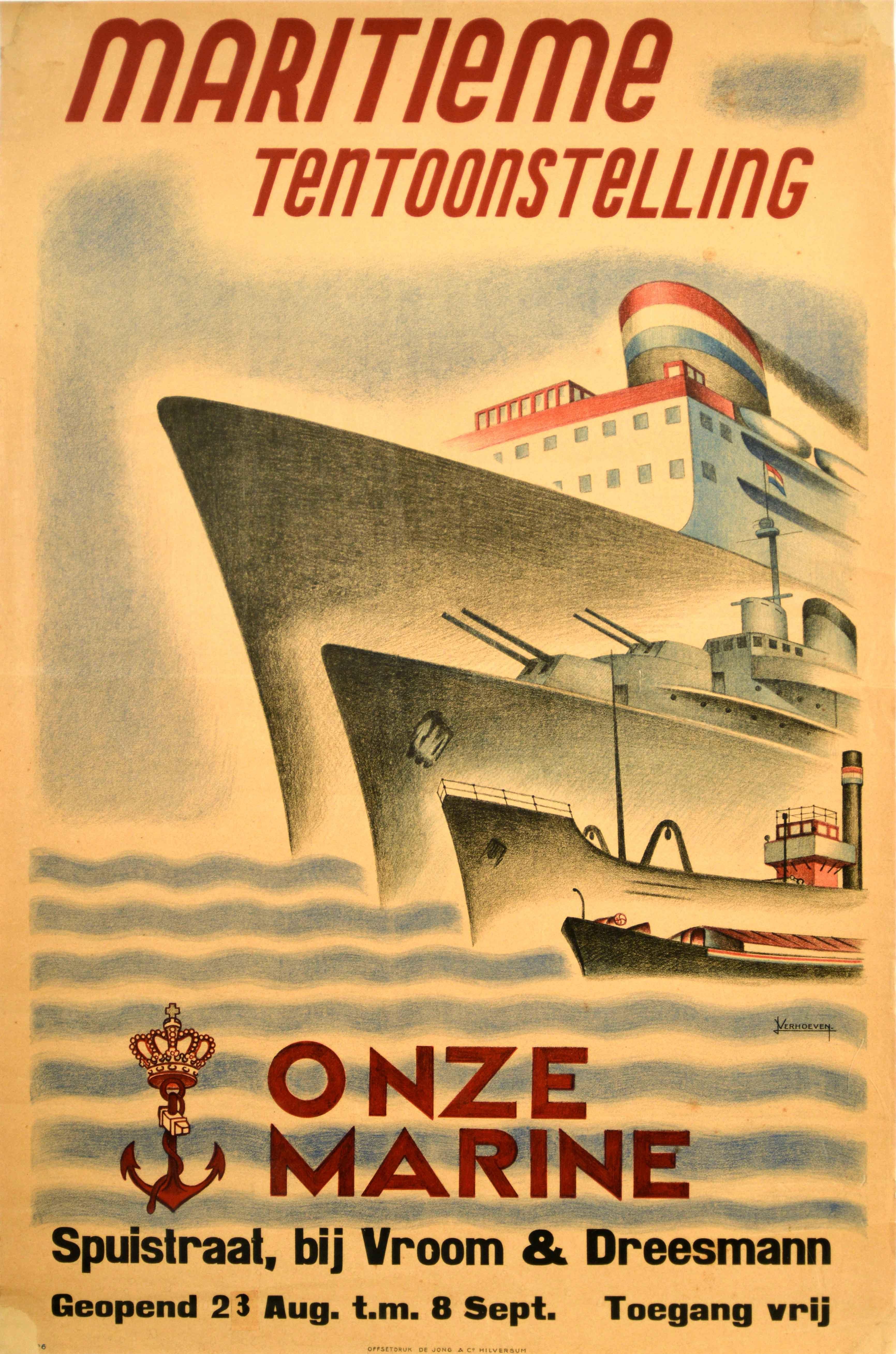 J. Verhoeven Print - Original Vintage Poster Onze Marine Navy Maritime Exhibition Liner War Ship Boat