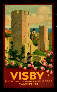 Original Vintage Poster Visby Town Ruins Roses Sweden Travel Medieval City Wall