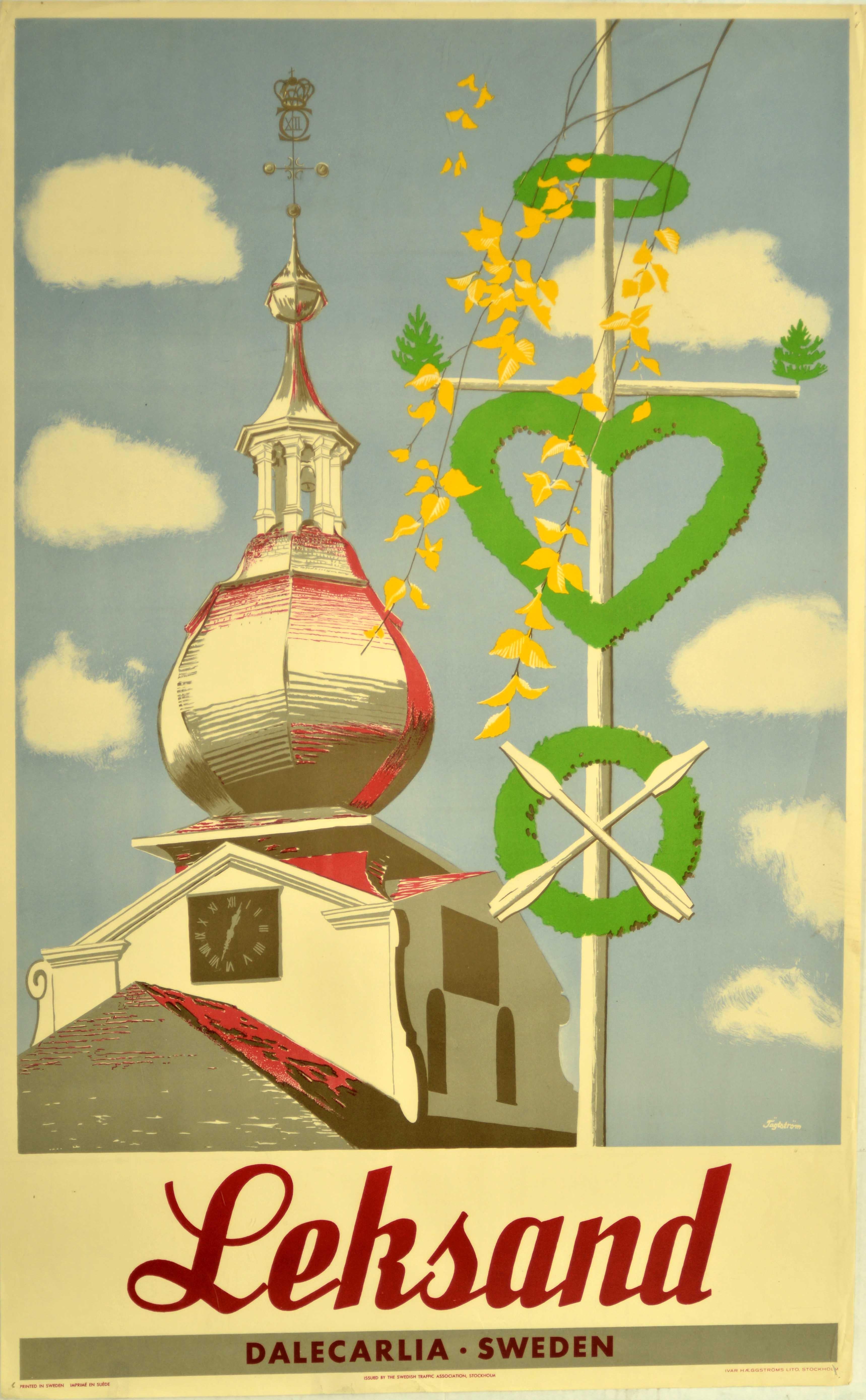 Jagtstsrom Print - Original Vintage Poster Leksand Dalecarlia Sweden Travel Clock Dome Architecture