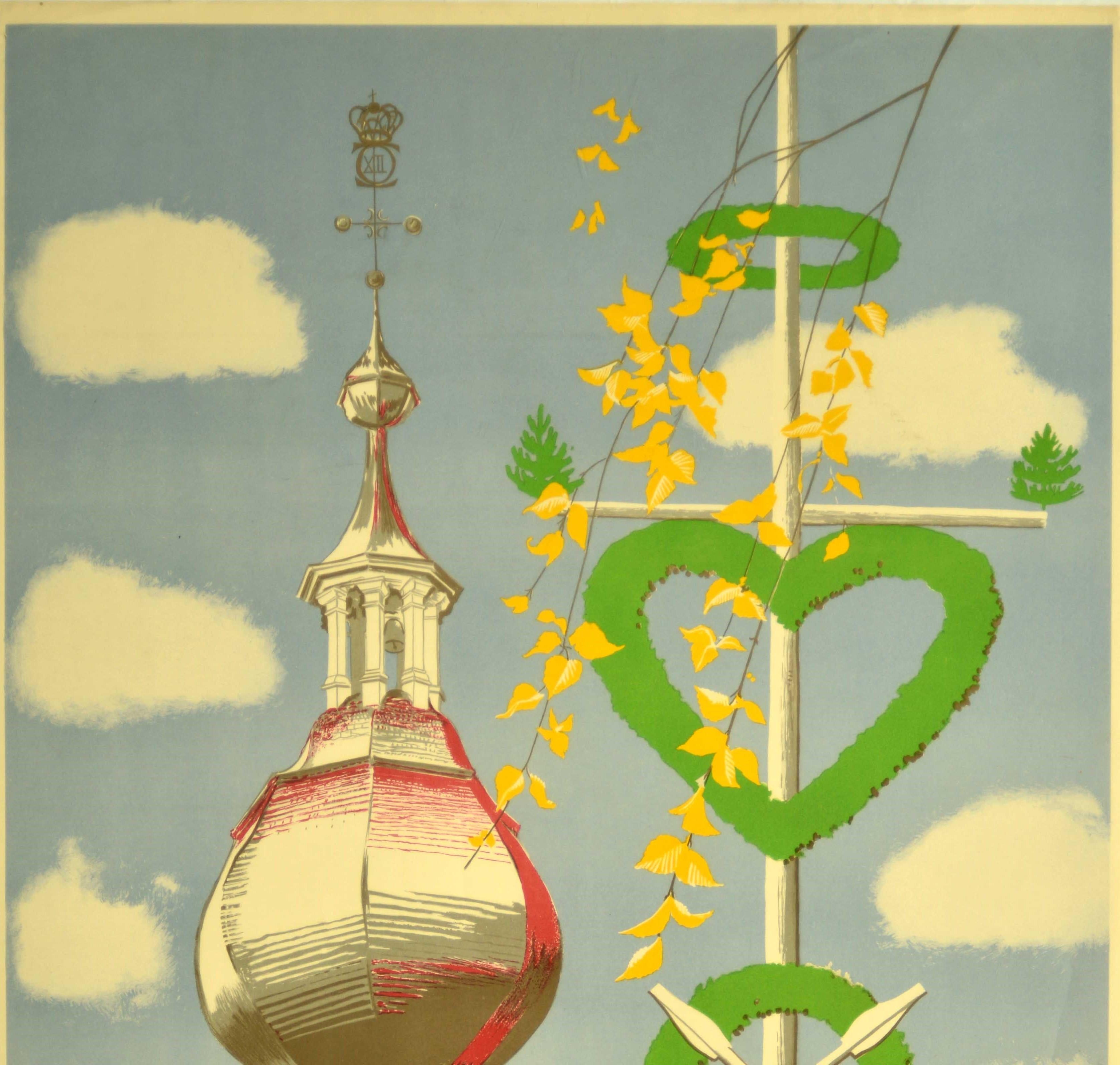 Original Vintage Poster Leksand Dalecarlia Sweden Travel Clock Dome Architecture - Print by Jagtstsrom