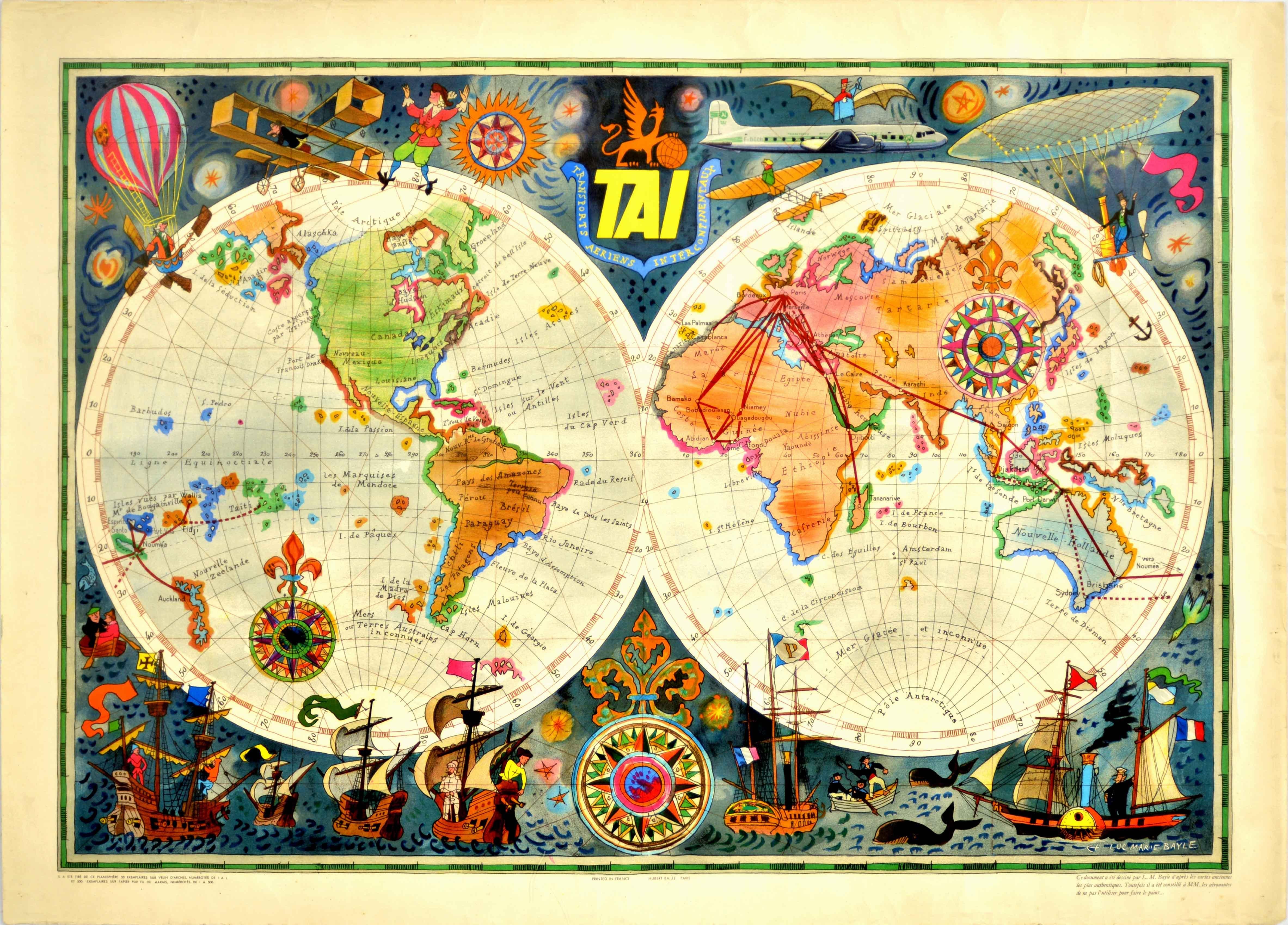 Luc Marie Bayle Print - Original Vintage Airline Travel Poster TAI Planisphere Illustrated Map Aviation