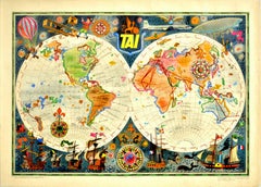 Original Vintage Airline Travel Poster TAI Planisphere Illustrated Map Aviation