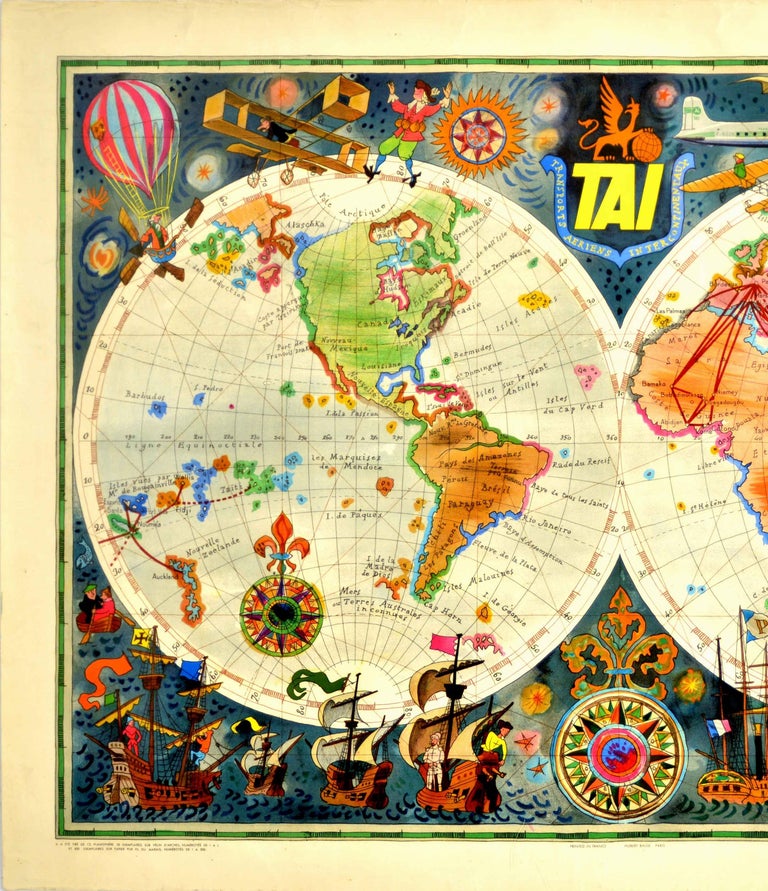 Luc Marie Bayle - Original Vintage Airline Travel Poster TAI Planisphere  Illustrated Map Aviation For Sale at 1stDibs