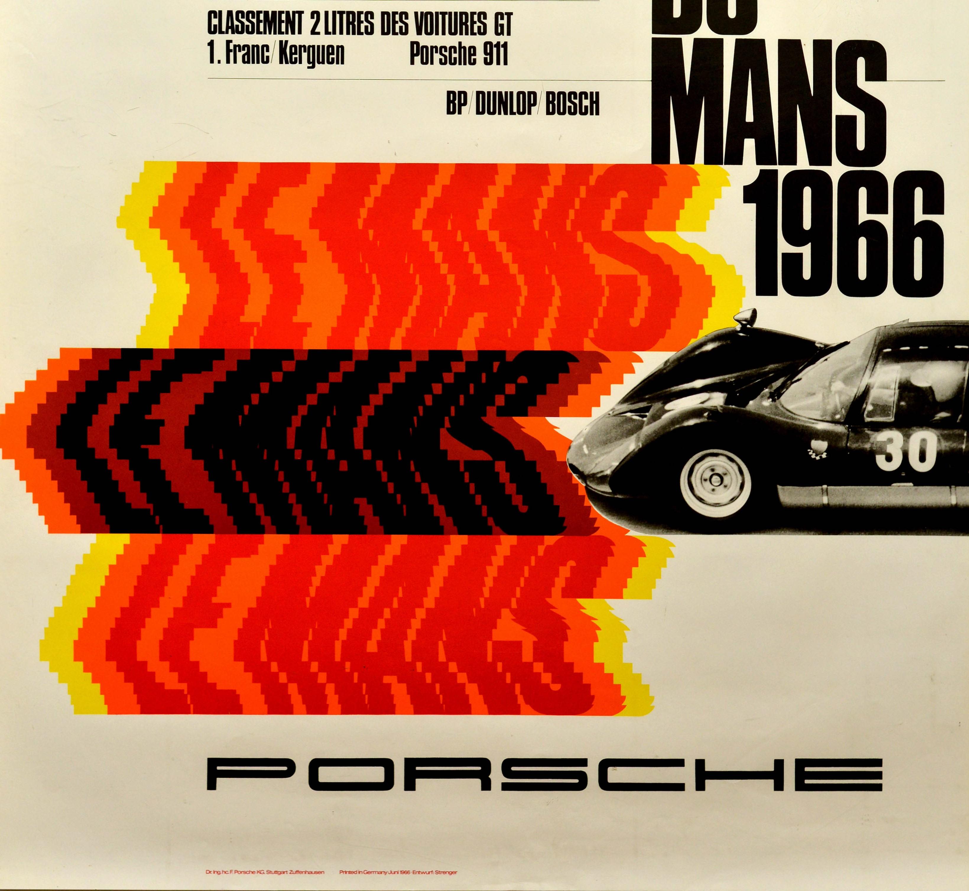 Original Vintage Porsche Poster Le Mans 1966 24 Hour Grand Prix Race Motor Sport - Print by Erich Strenger