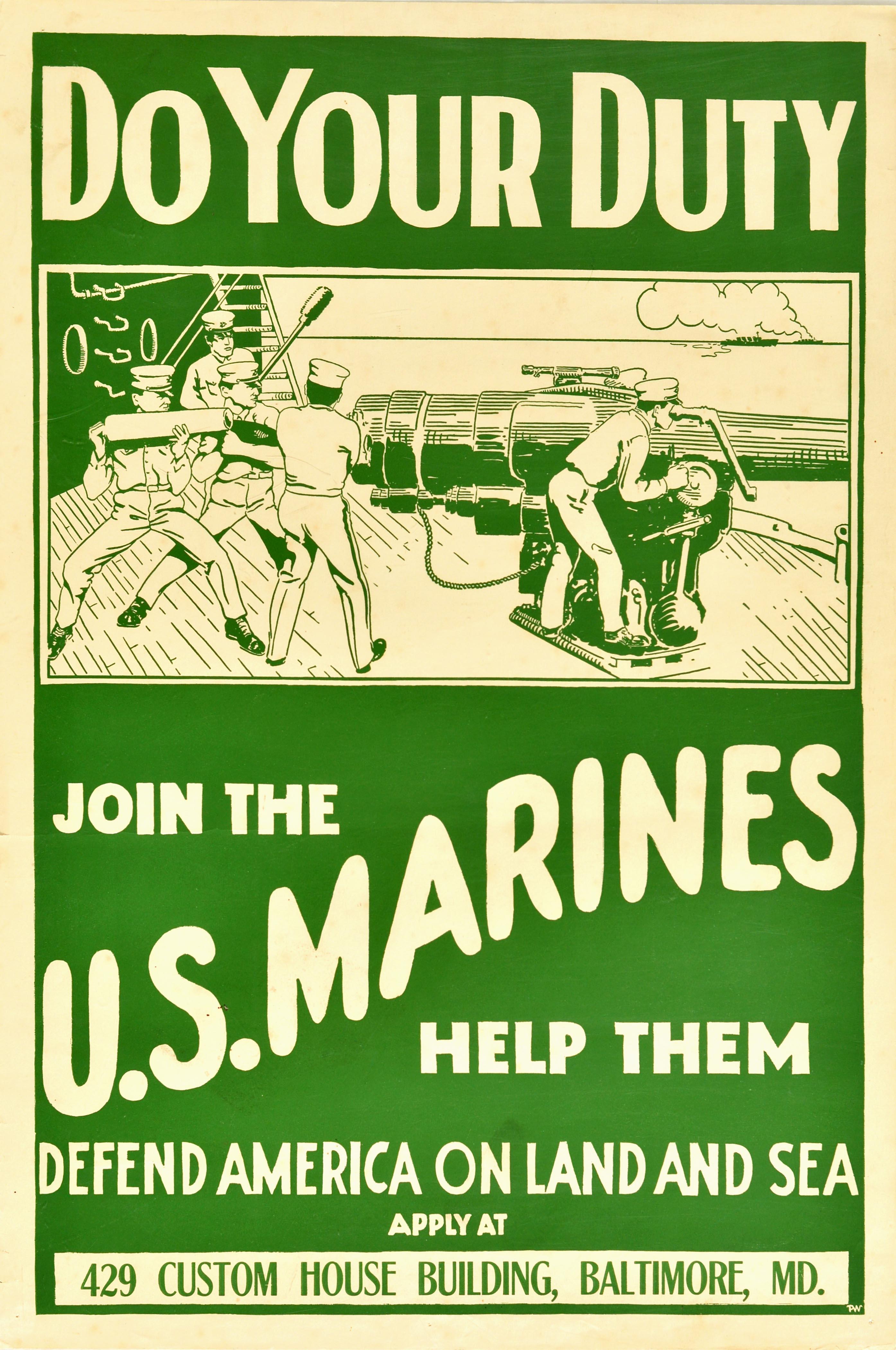 P.W. Print - Original Antique Poster Join The US Marines WWI Military Recruitment War Ship