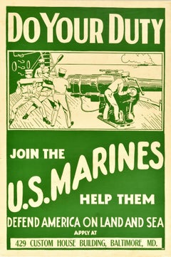 Original Antique Poster Join The US Marines WWI Military Recruitment War Ship