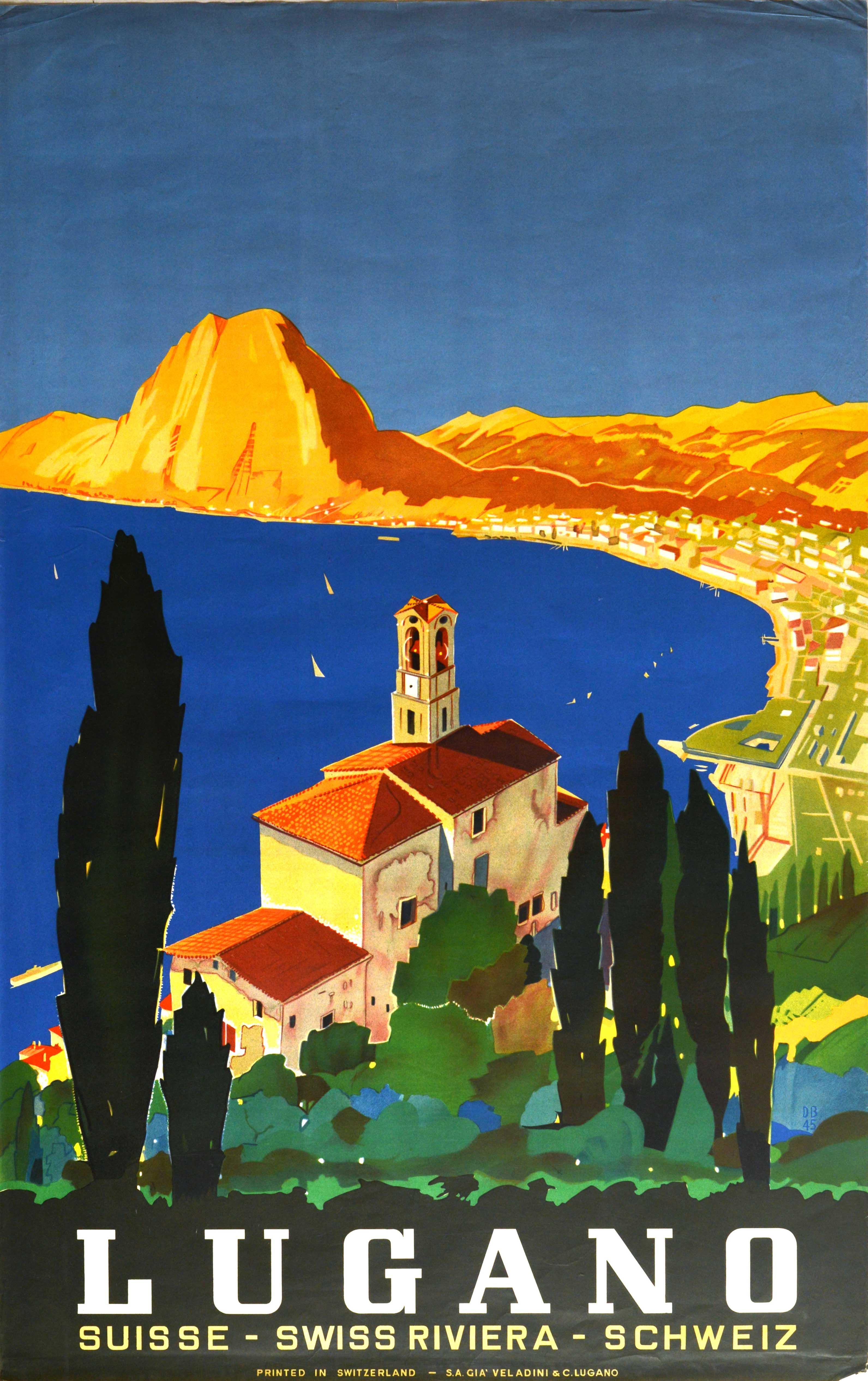 Daniele Buzzi Print - Original Vintage Poster Lake Lugano Swiss Riviera Sailing Mountains Travel Art