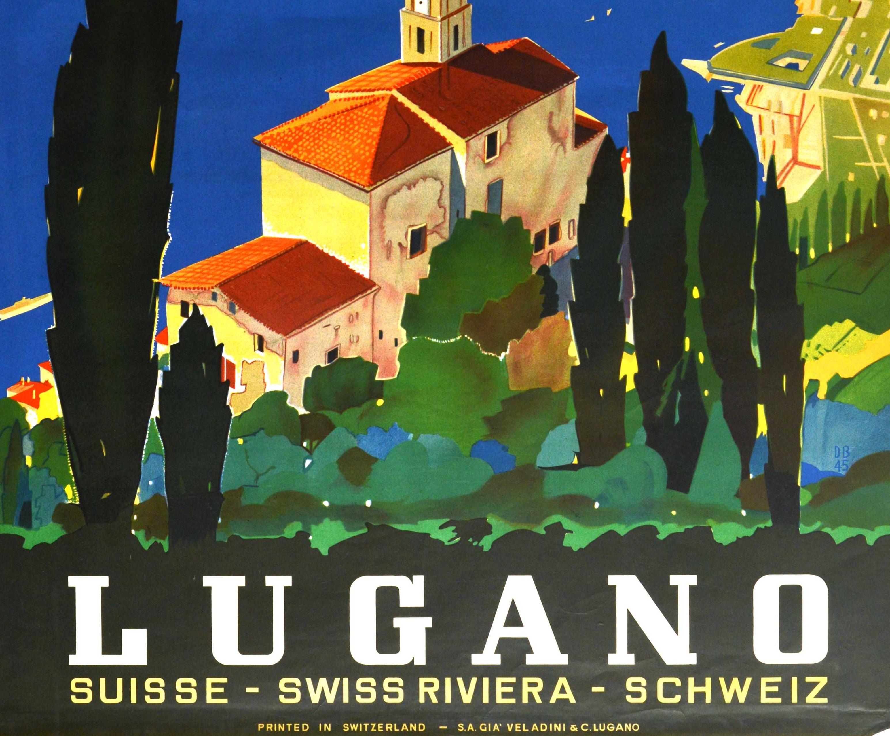 Original Vintage Poster Lake Lugano Swiss Riviera Sailing Mountains Travel Art - Print by Daniele Buzzi